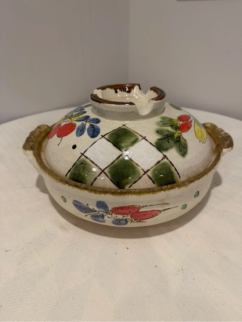 Vintage 14” Japanese Donable Rice (Casserole) Cooker Clay Pot Hand painted